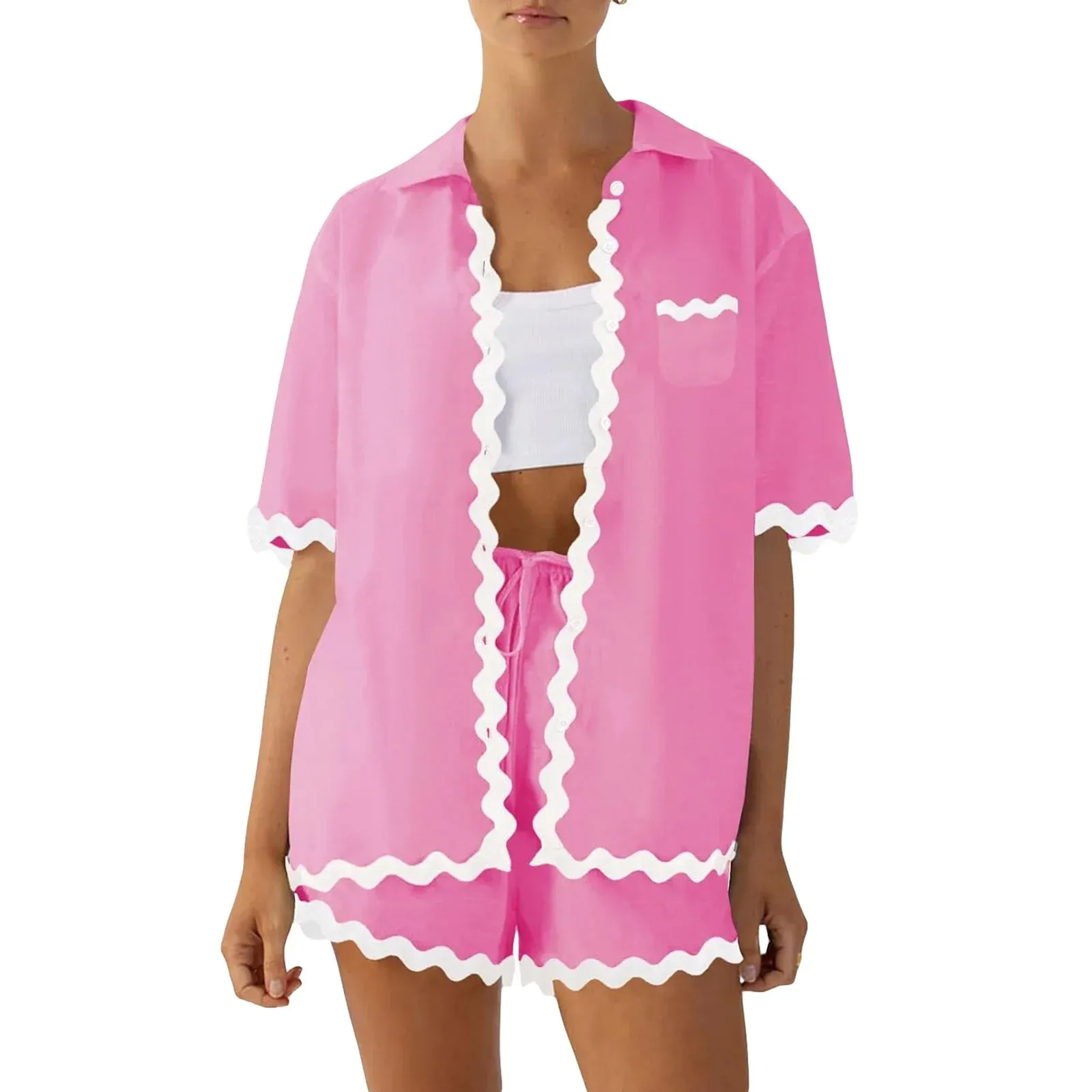 Neck Short Sleeve Button Down Ric Rac Elastic Waist Drawstring Summer Lapel Pajamas