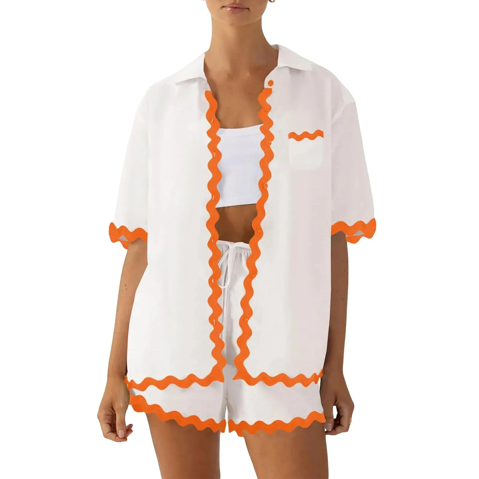 Neck Short Sleeve Button Down Ric Rac Elastic Waist Drawstring Summer Lapel Pajamas