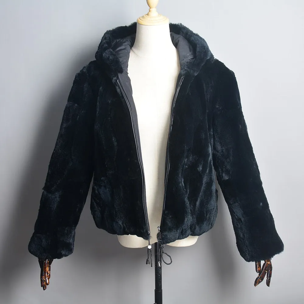 New Winter Women Thick Real Rex Rabbit Fur Hooded Coat Natural Warm Rex Rabbit Fur Jacket Luxury Lady Rex Rabbit Fur Overcoat