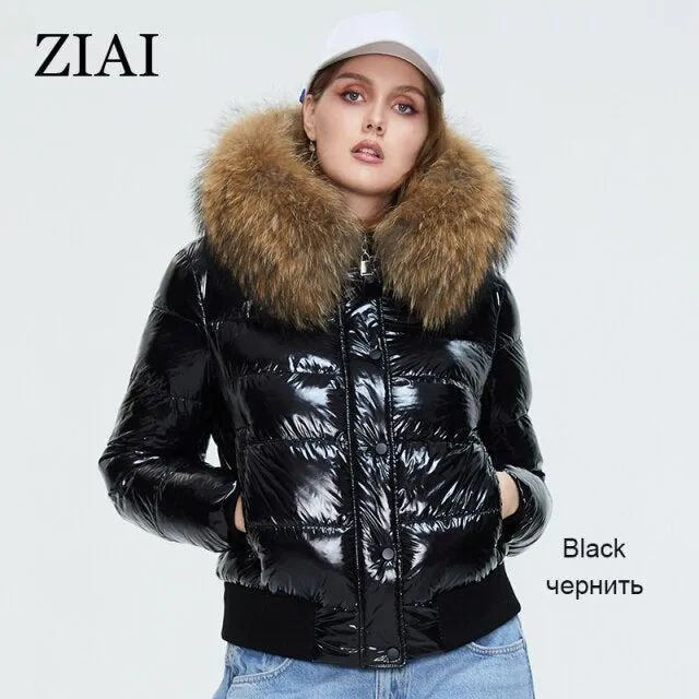 New  Winter Women's Coat Natural Fur Short Cotton Jacket  Fashion Shiny Fabric Warm Thick Hood Female Parka ZR-7270