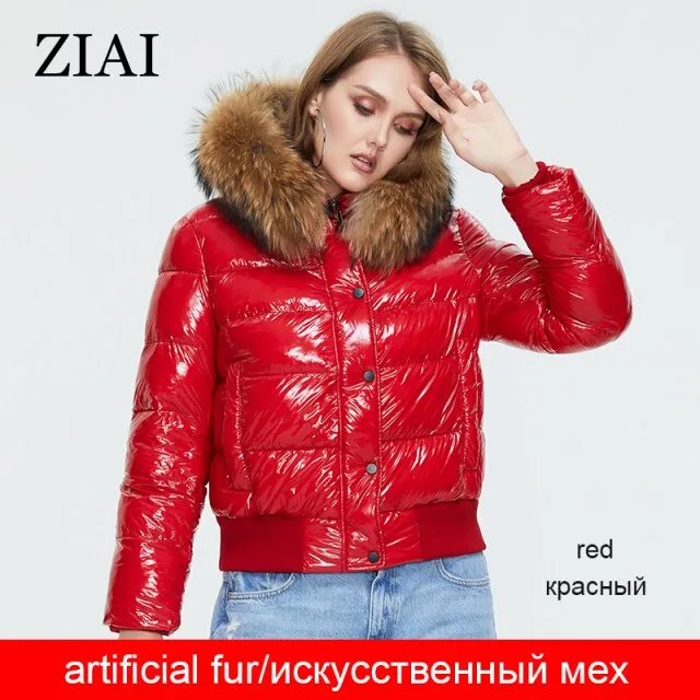 New  Winter Women's Coat Natural Fur Short Cotton Jacket  Fashion Shiny Fabric Warm Thick Hood Female Parka ZR-7270
