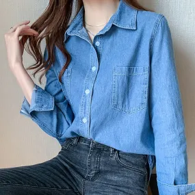 Nsquared Cardigan Casual Solid Loose Ladies Clothing | Blue Long Sleeve Shirts | Autumn Denim Women's Blouse