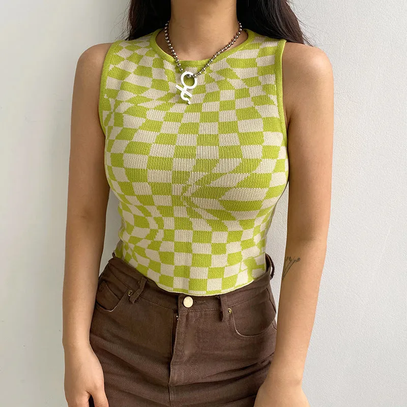 Plaid contrast color asymmetric geometry grid slim round neck vest knitwear sleeveless crop top sweatshirt