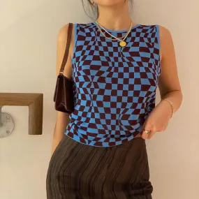 Plaid contrast color asymmetric geometry grid slim round neck vest knitwear sleeveless crop top sweatshirt