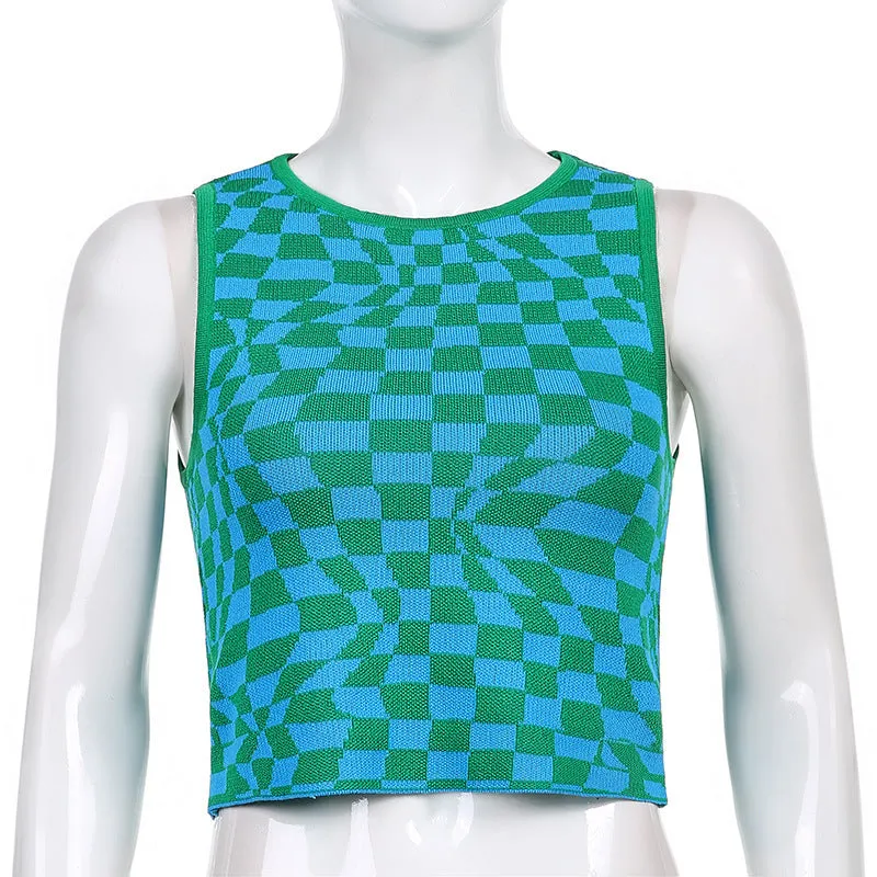 Plaid contrast color asymmetric geometry grid slim round neck vest knitwear sleeveless crop top sweatshirt