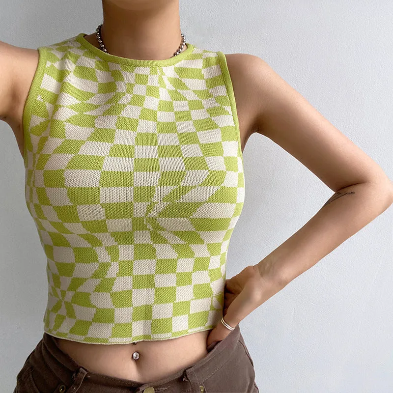 Plaid contrast color asymmetric geometry grid slim round neck vest knitwear sleeveless crop top sweatshirt