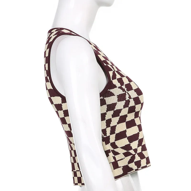 Plaid contrast color asymmetric geometry grid slim round neck vest knitwear sleeveless crop top sweatshirt