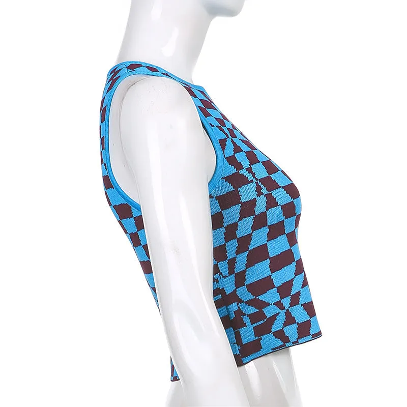 Plaid contrast color asymmetric geometry grid slim round neck vest knitwear sleeveless crop top sweatshirt