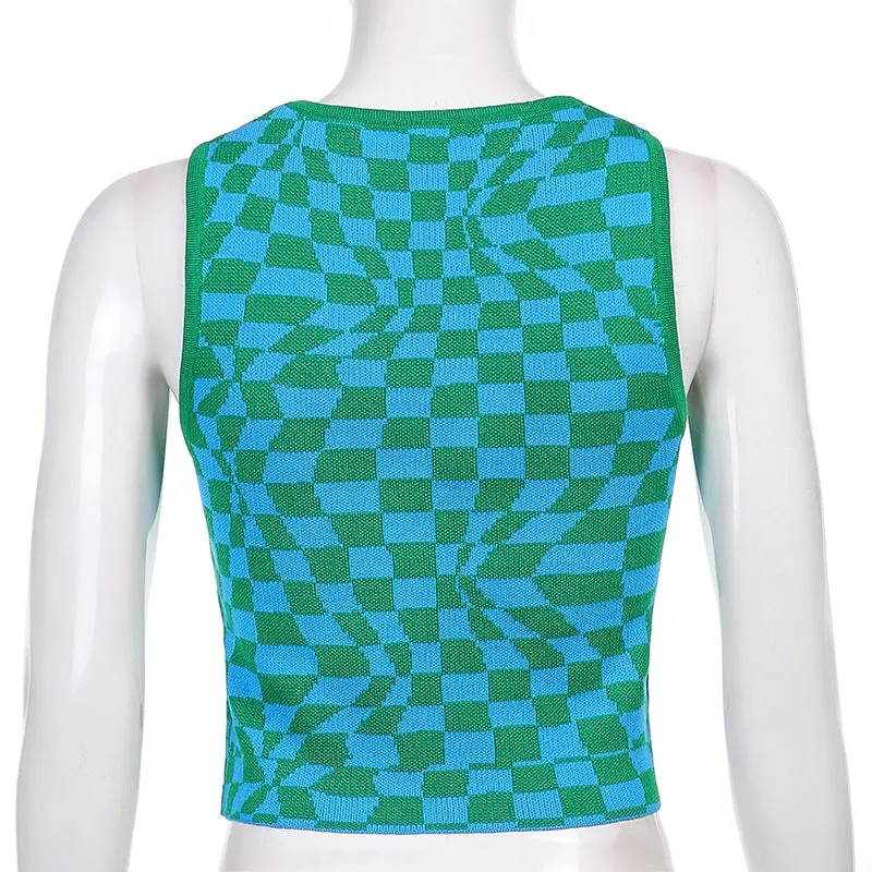 Plaid contrast color asymmetric geometry grid slim round neck vest knitwear sleeveless crop top sweatshirt