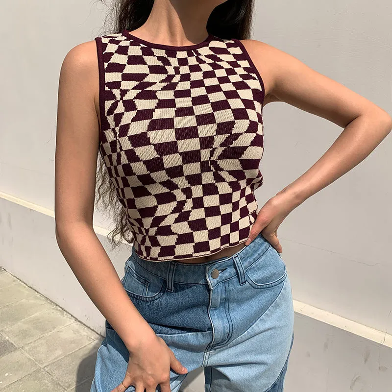 Plaid contrast color asymmetric geometry grid slim round neck vest knitwear sleeveless crop top sweatshirt
