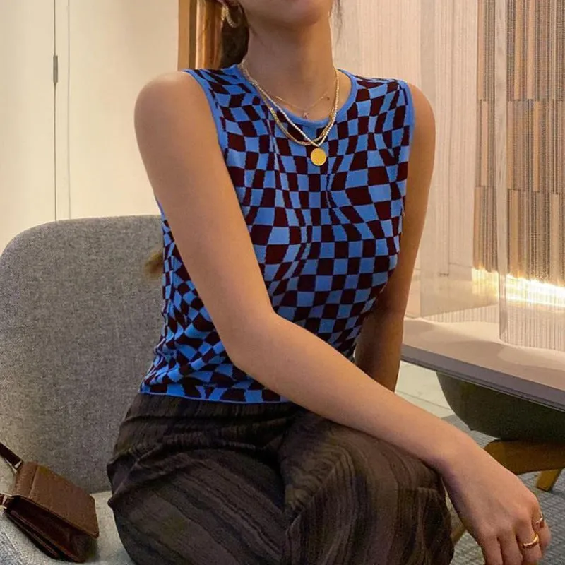 Plaid contrast color asymmetric geometry grid slim round neck vest knitwear sleeveless crop top sweatshirt