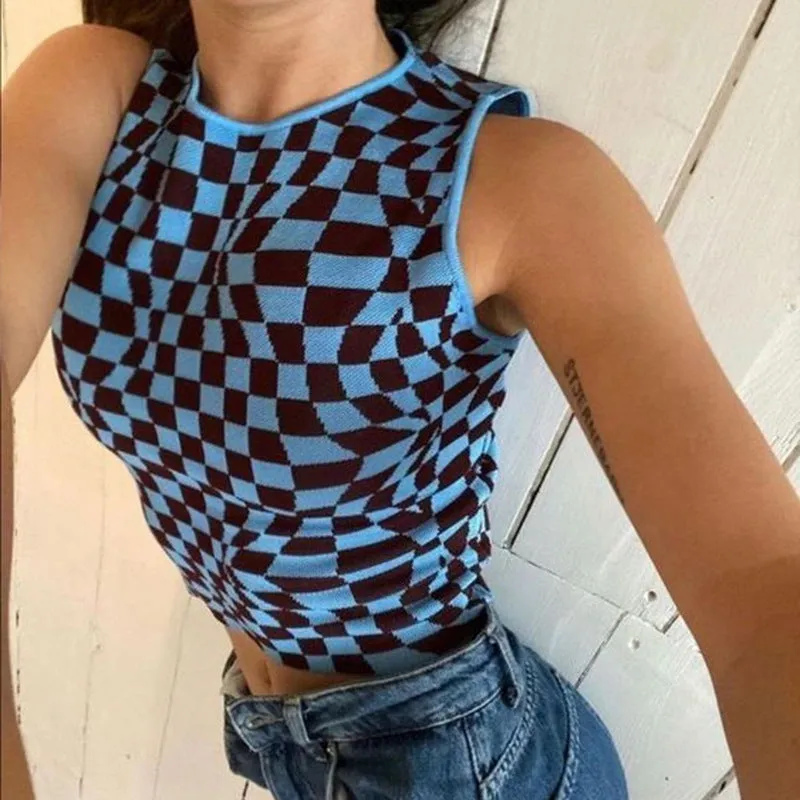Plaid contrast color asymmetric geometry grid slim round neck vest knitwear sleeveless crop top sweatshirt