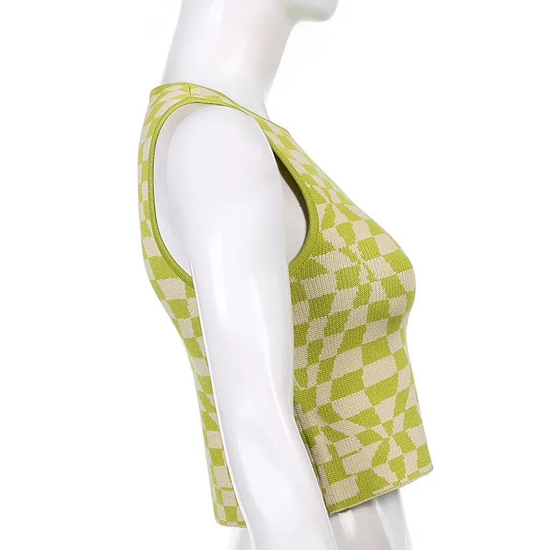 Plaid contrast color asymmetric geometry grid slim round neck vest knitwear sleeveless crop top sweatshirt