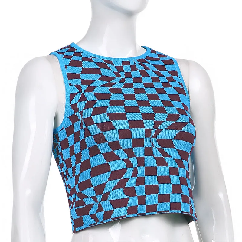 Plaid contrast color asymmetric geometry grid slim round neck vest knitwear sleeveless crop top sweatshirt
