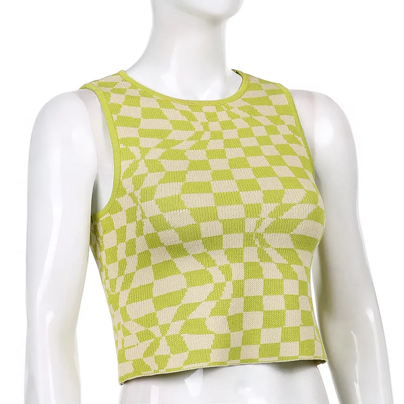 Plaid contrast color asymmetric geometry grid slim round neck vest knitwear sleeveless crop top sweatshirt