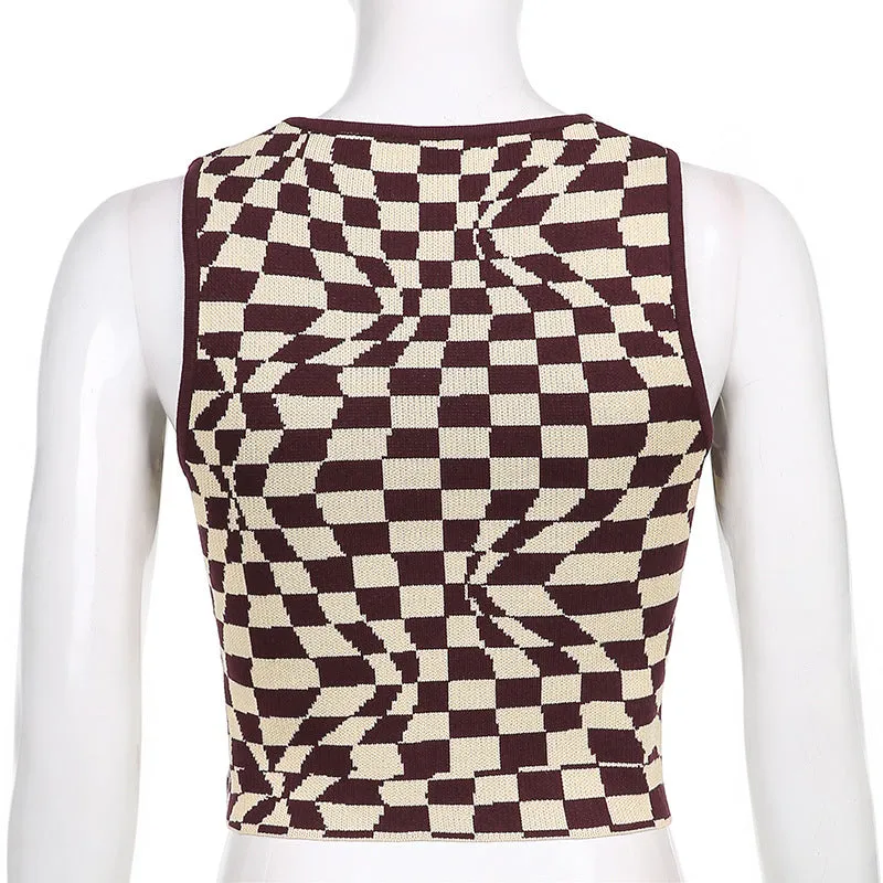 Plaid contrast color asymmetric geometry grid slim round neck vest knitwear sleeveless crop top sweatshirt