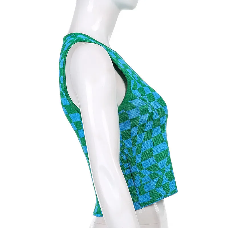Plaid contrast color asymmetric geometry grid slim round neck vest knitwear sleeveless crop top sweatshirt