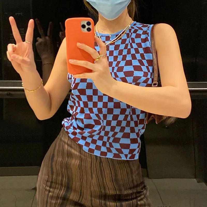Plaid contrast color asymmetric geometry grid slim round neck vest knitwear sleeveless crop top sweatshirt