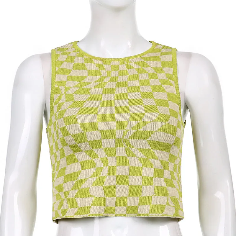 Plaid contrast color asymmetric geometry grid slim round neck vest knitwear sleeveless crop top sweatshirt