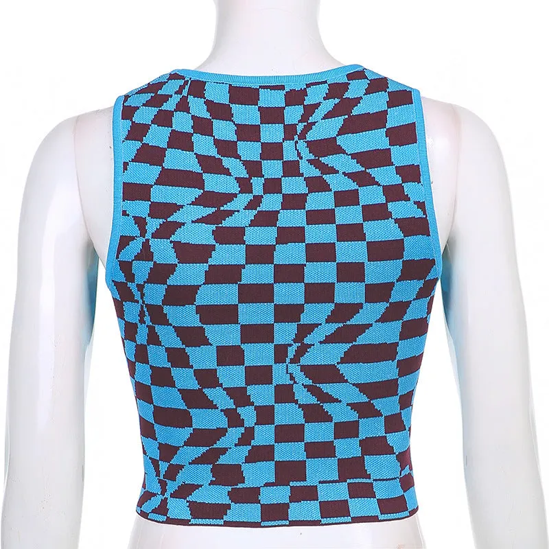 Plaid contrast color asymmetric geometry grid slim round neck vest knitwear sleeveless crop top sweatshirt