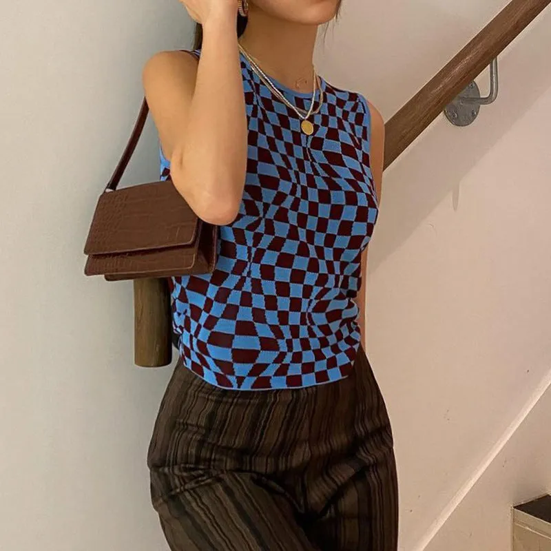 Plaid contrast color asymmetric geometry grid slim round neck vest knitwear sleeveless crop top sweatshirt