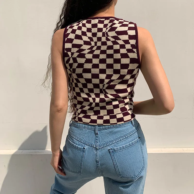 Plaid contrast color asymmetric geometry grid slim round neck vest knitwear sleeveless crop top sweatshirt