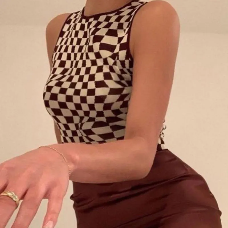 Plaid contrast color asymmetric geometry grid slim round neck vest knitwear sleeveless crop top sweatshirt