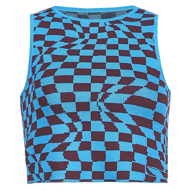 Plaid contrast color asymmetric geometry grid slim round neck vest knitwear sleeveless crop top sweatshirt