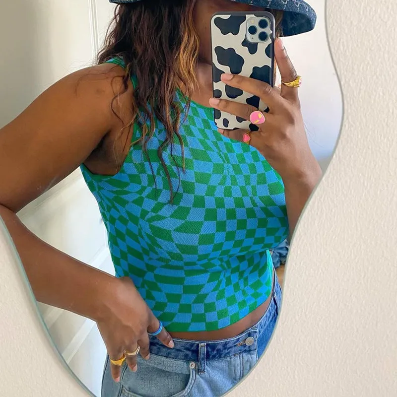 Plaid contrast color asymmetric geometry grid slim round neck vest knitwear sleeveless crop top sweatshirt