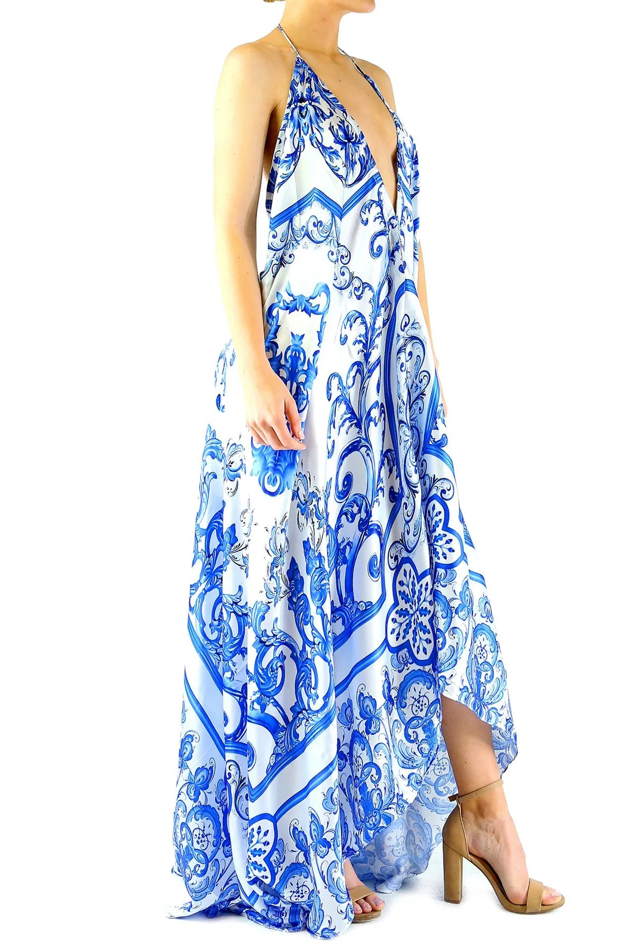 Printed Long Maxi Dress in Blue