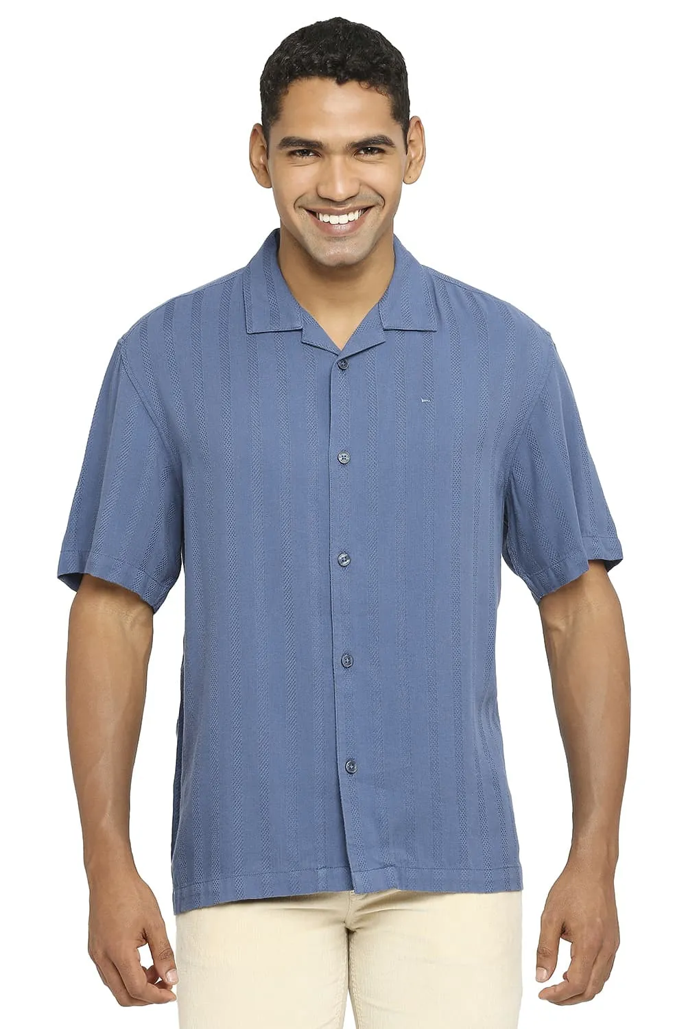 Relaxed Fit Cotton Viscose Dobby Stripe Halfsleeves Shirt