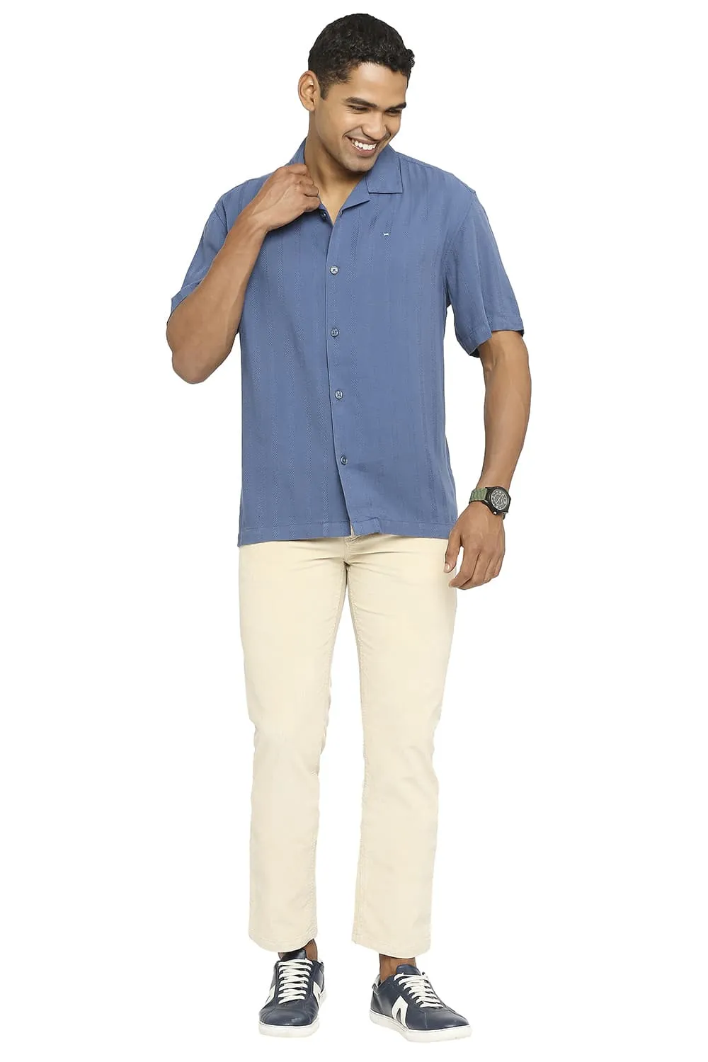 Relaxed Fit Cotton Viscose Dobby Stripe Halfsleeves Shirt