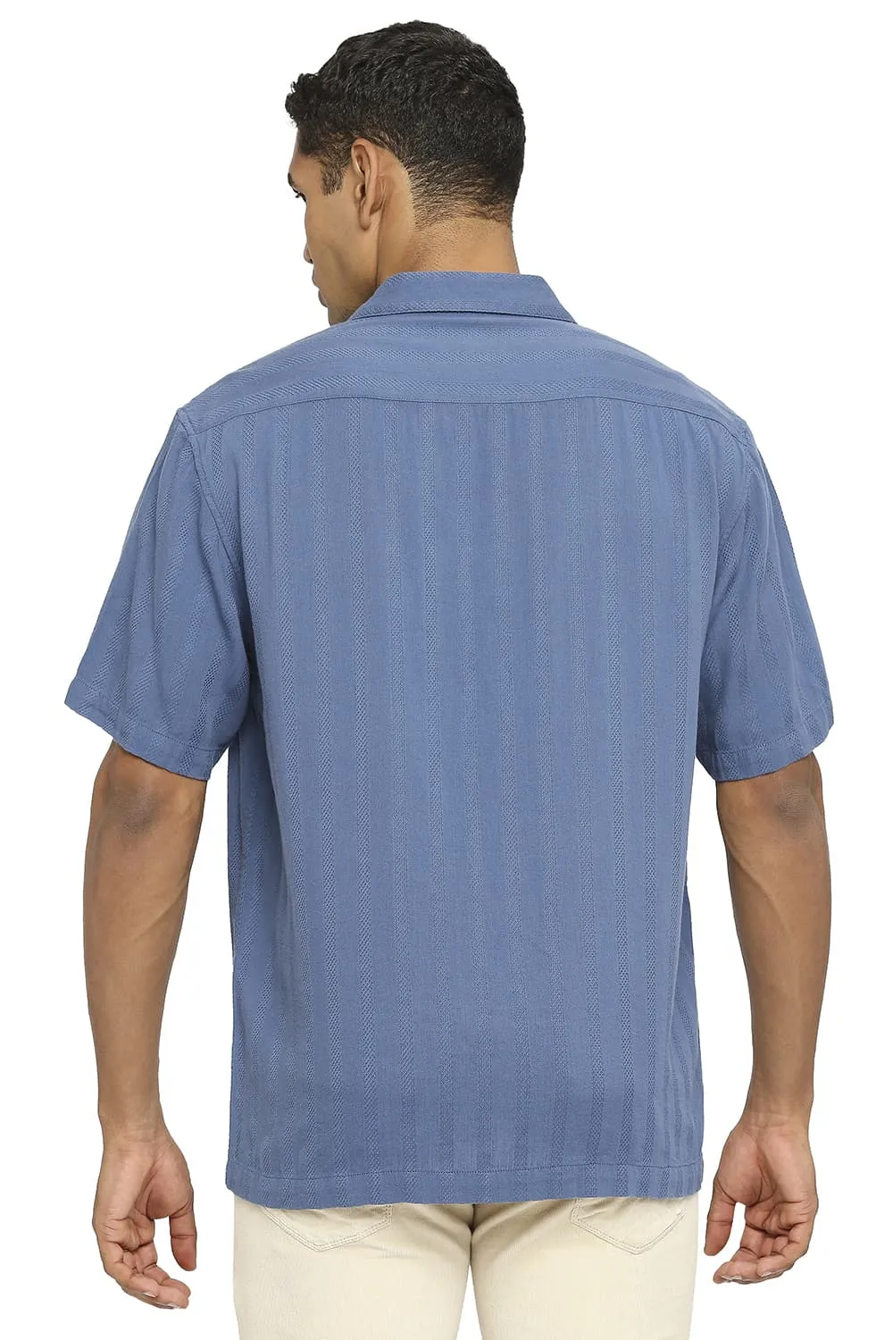 Relaxed Fit Cotton Viscose Dobby Stripe Halfsleeves Shirt