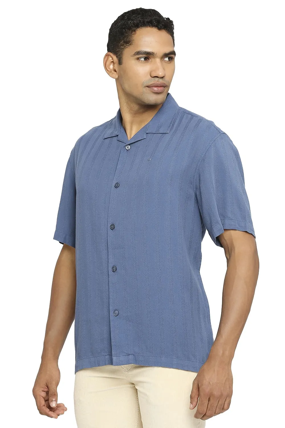 Relaxed Fit Cotton Viscose Dobby Stripe Halfsleeves Shirt