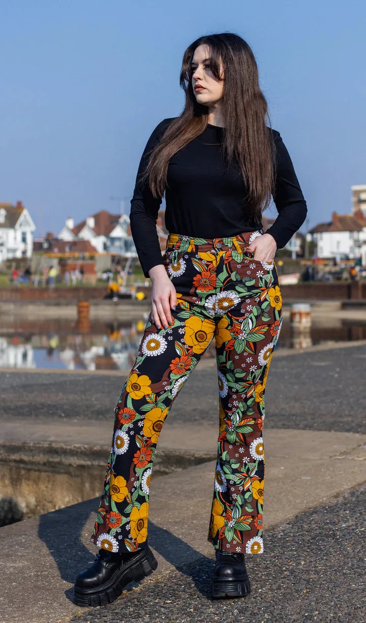 Run And Fly  70's Black Floral High Waisted Bell Bottom Flares
