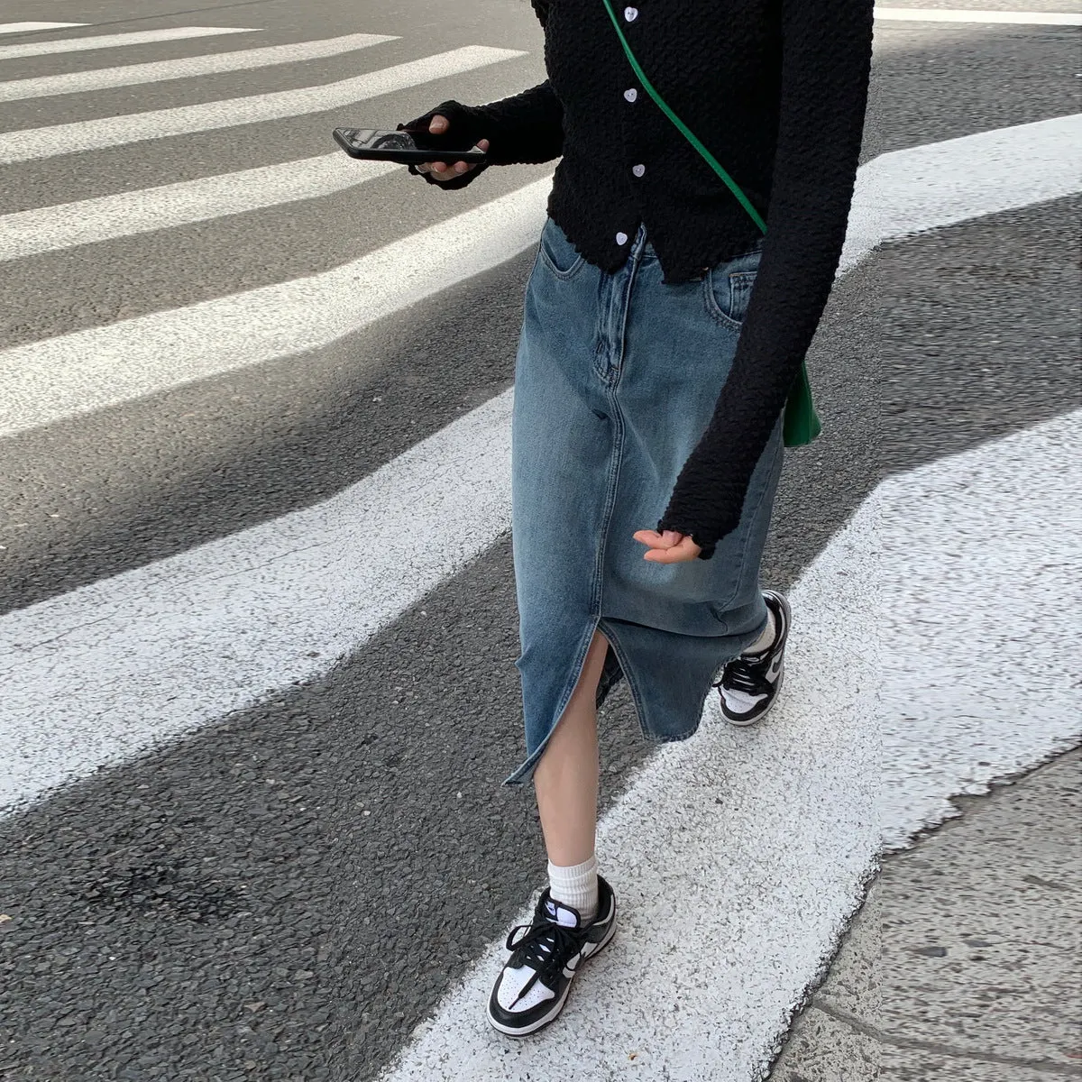 Uniwim 2024 fall fashion trends Retro Distressed Split Denim Skirt Women's Washed Soft Mid-Length High Waist A- line Hip Skirt