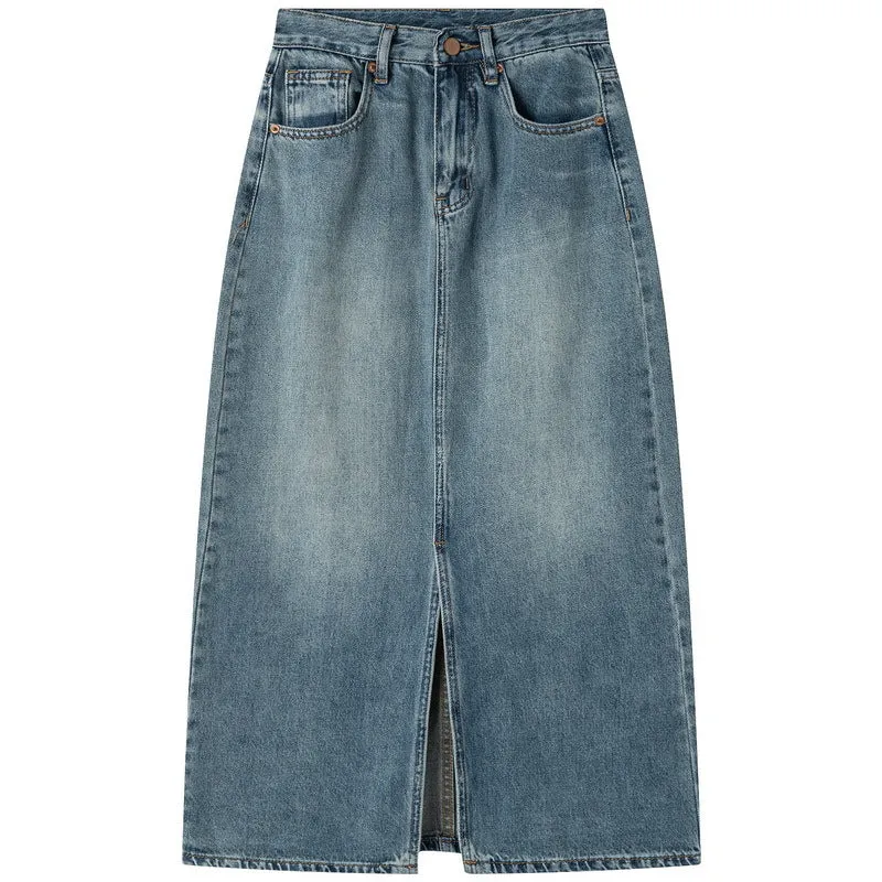 Uniwim 2024 fall fashion trends Retro Distressed Split Denim Skirt Women's Washed Soft Mid-Length High Waist A- line Hip Skirt