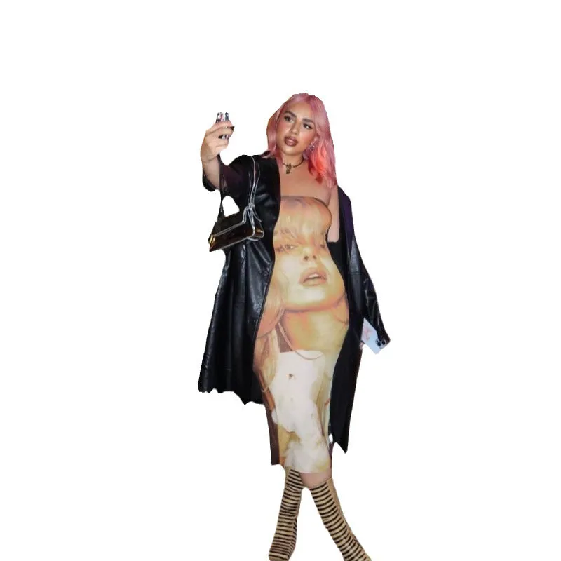 Uniwim calico hair Dress Summer Women's Double-Sided Portrait Print Hot Girl Tube Top Slim-Fit Sheath Dopamine Wear Dress Two-Way Wear
