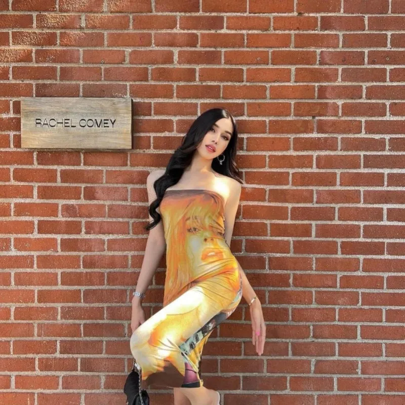 Uniwim calico hair Dress Summer Women's Double-Sided Portrait Print Hot Girl Tube Top Slim-Fit Sheath Dopamine Wear Dress Two-Way Wear
