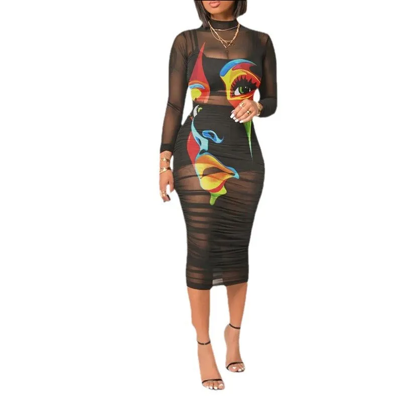Uniwim cybergoth dress to impress Summer New Short Skirt Top with Vintage Printed Sexy Mesh Mid-Length Dress Three-Piece Set