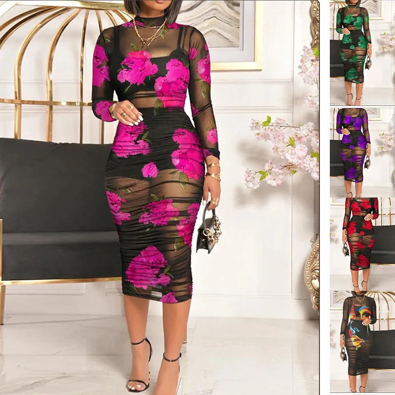 Uniwim cybergoth dress to impress Summer New Short Skirt Top with Vintage Printed Sexy Mesh Mid-Length Dress Three-Piece Set