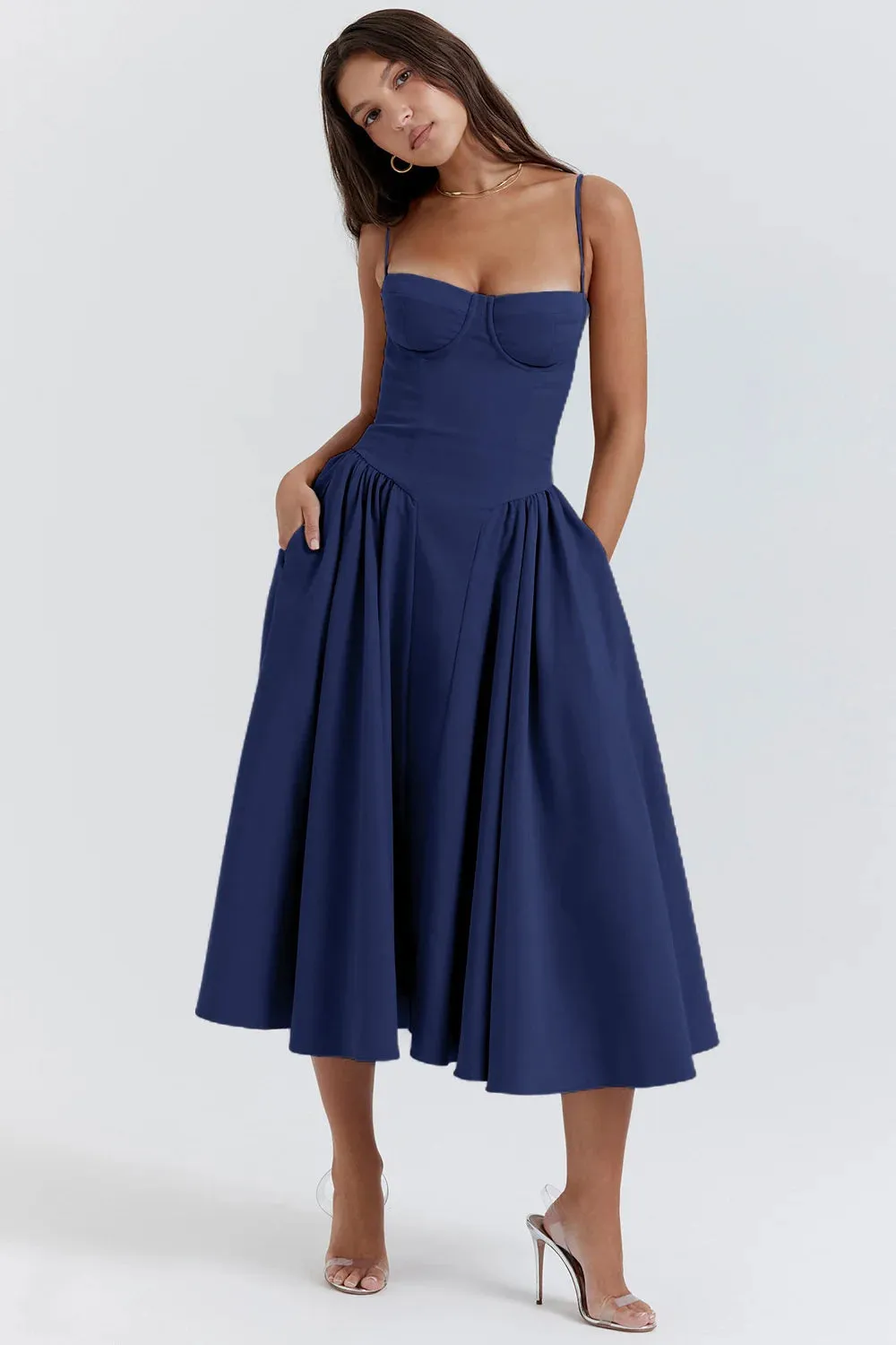 Uniwim Elegant Women Dress Spaghetti Strap A-line Loose Midi Dresses Female Sleeveless Backless French Retro Long Dress