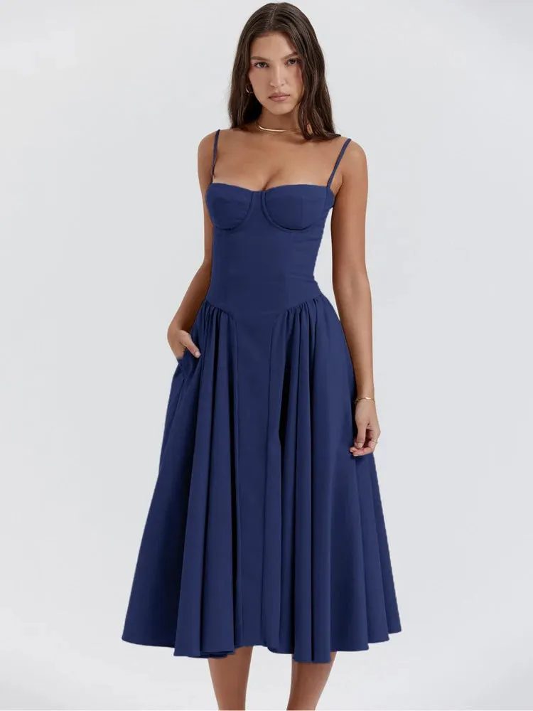 Uniwim Elegant Women Dress Spaghetti Strap A-line Loose Midi Dresses Female Sleeveless Backless French Retro Long Dress