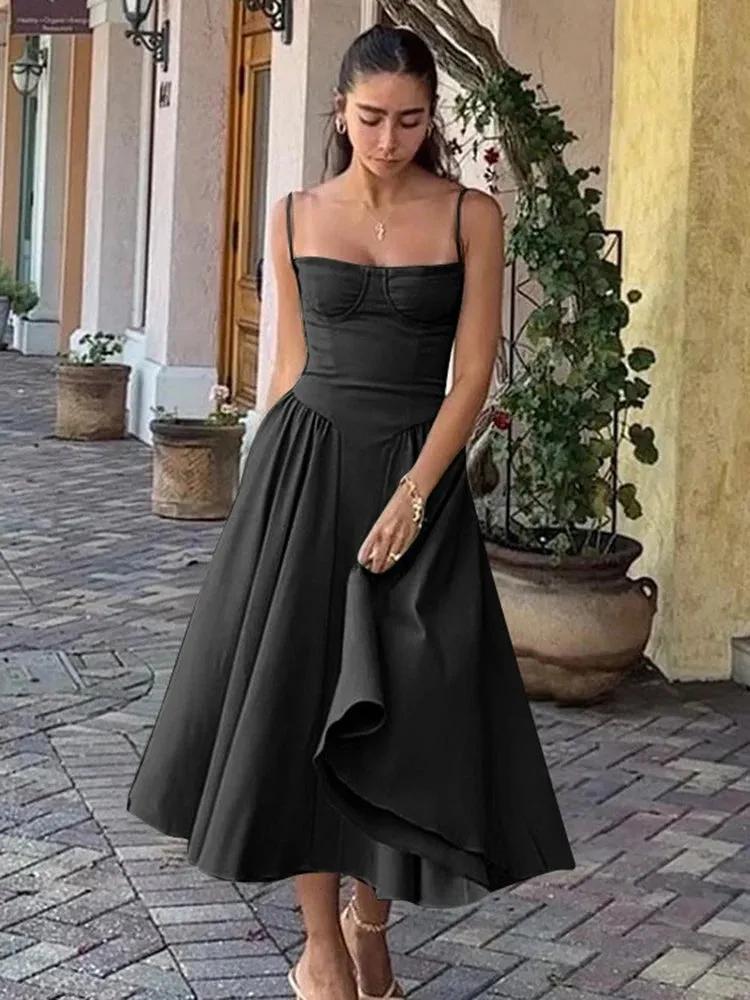 Uniwim Elegant Women Dress Spaghetti Strap A-line Loose Midi Dresses Female Sleeveless Backless French Retro Long Dress
