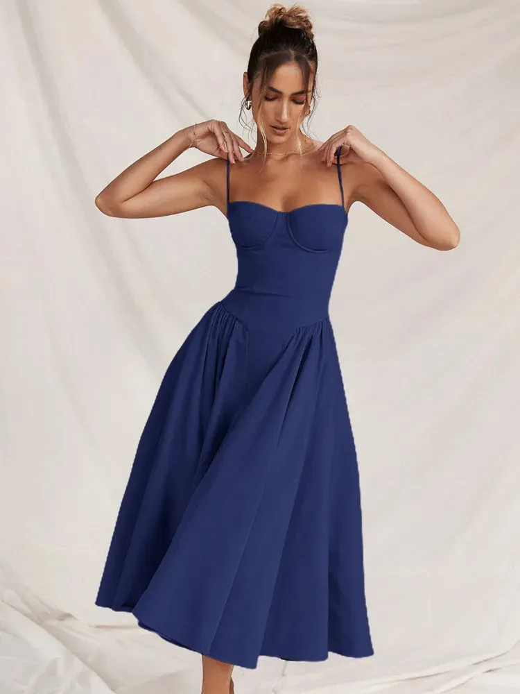 Uniwim Elegant Women Dress Spaghetti Strap A-line Loose Midi Dresses Female Sleeveless Backless French Retro Long Dress