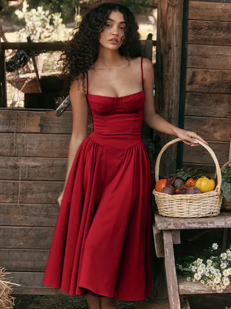 Uniwim Elegant Women Dress Spaghetti Strap A-line Loose Midi Dresses Female Sleeveless Backless French Retro Long Dress