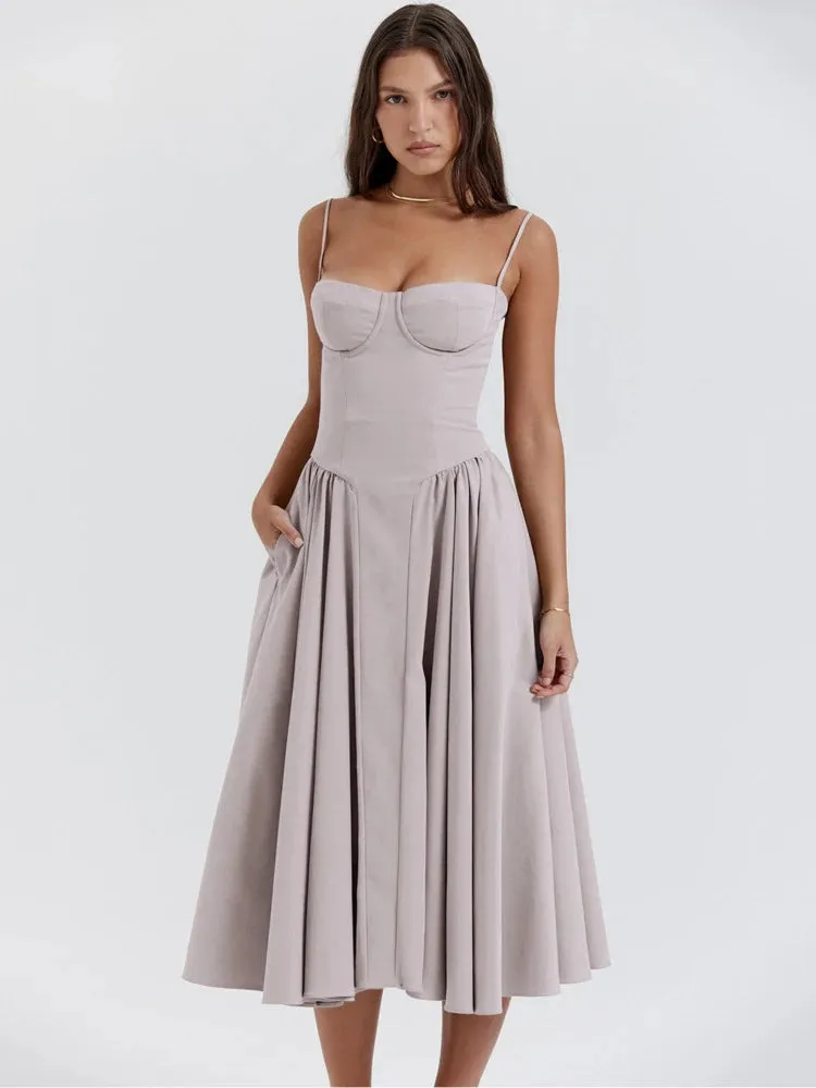 Uniwim Elegant Women Dress Spaghetti Strap A-line Loose Midi Dresses Female Sleeveless Backless French Retro Long Dress