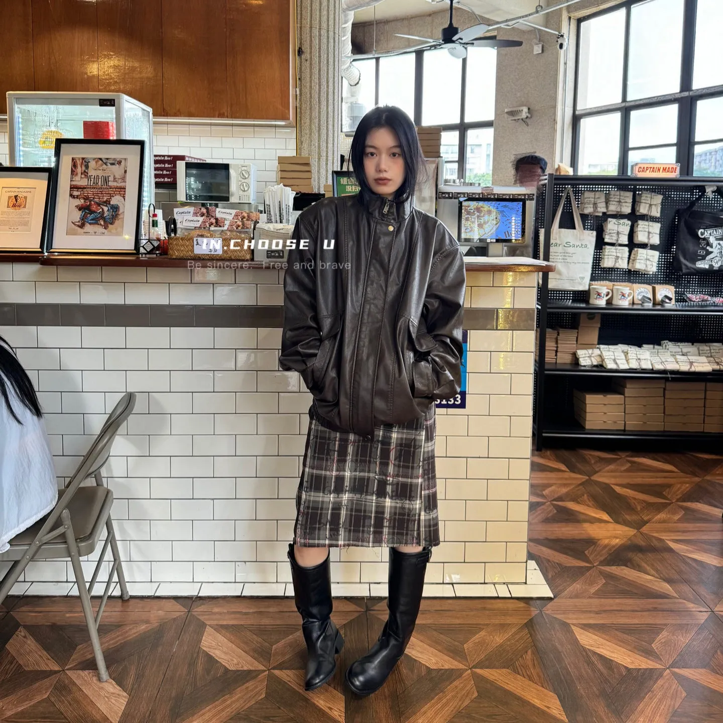 Uniwim jorts mens outfits 2024 Autumn and Winter Urban Commuter Retro Slimming Thick Composite Graffiti Printed Plaid Midi Dress
