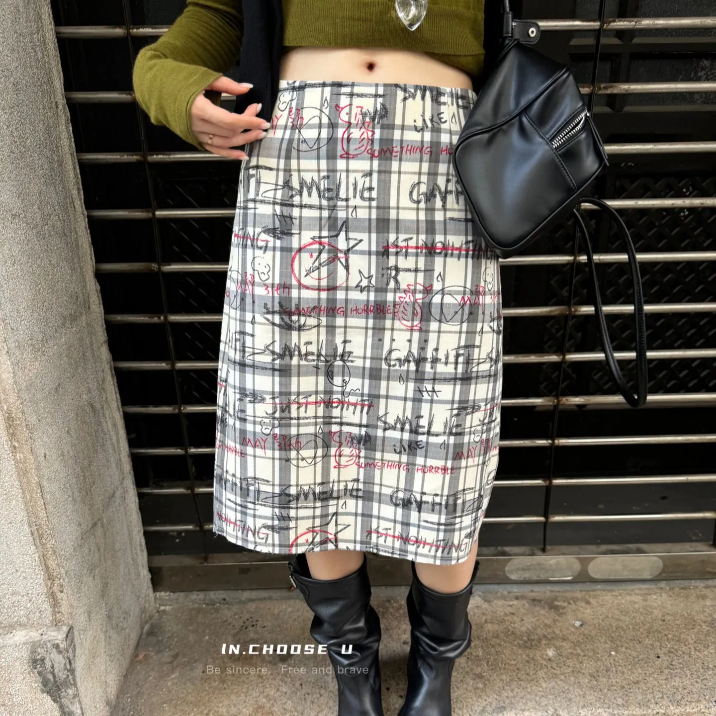 Uniwim jorts mens outfits 2024 Autumn and Winter Urban Commuter Retro Slimming Thick Composite Graffiti Printed Plaid Midi Dress