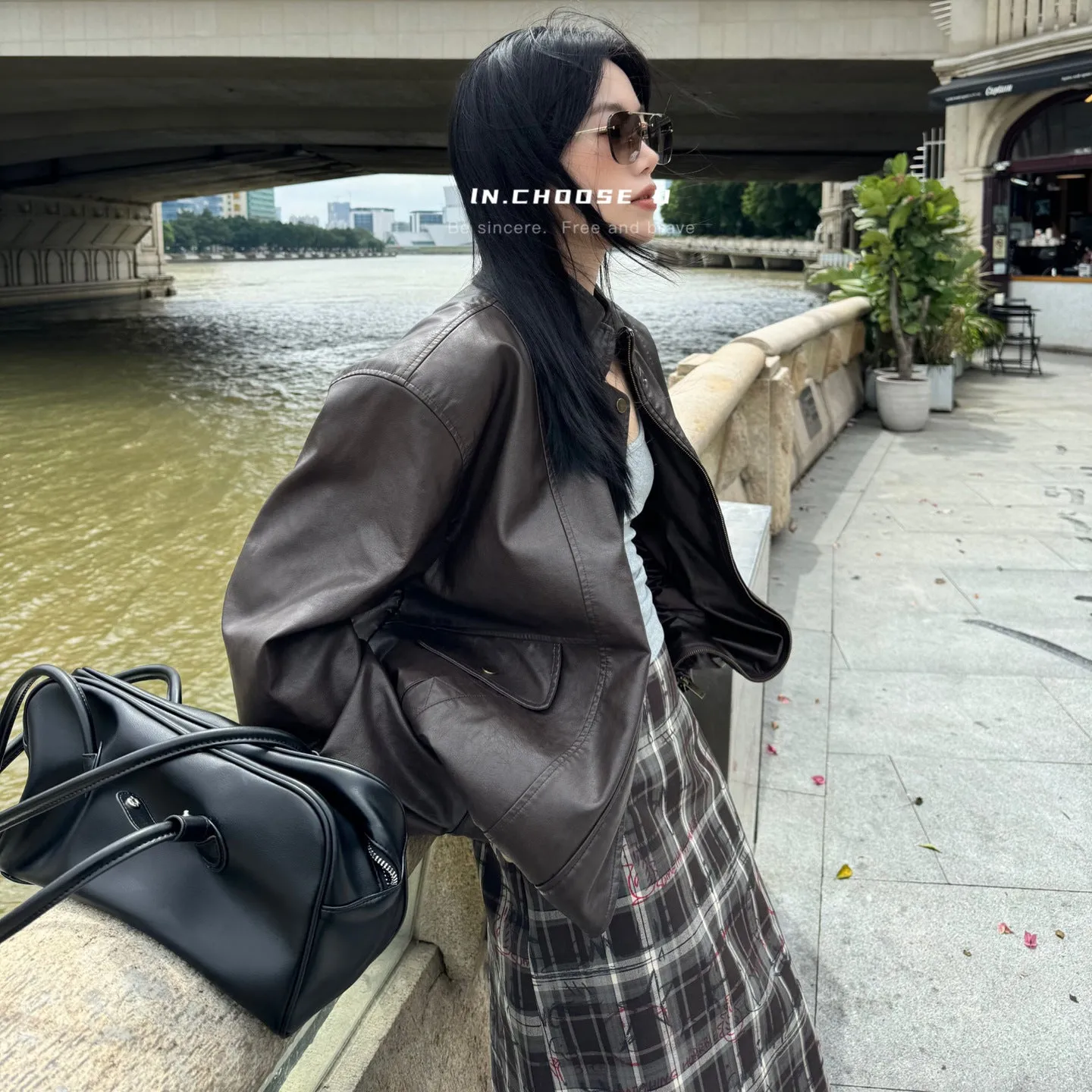 Uniwim jorts mens outfits 2024 Autumn and Winter Urban Commuter Retro Slimming Thick Composite Graffiti Printed Plaid Midi Dress